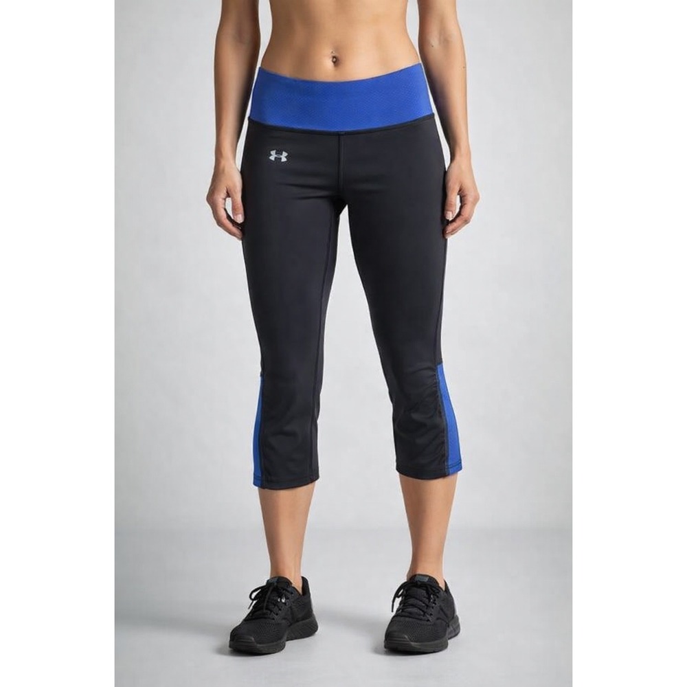 Under Armour Womens HeatGear Capri Leggings Black Blue Ruched Running Tights S